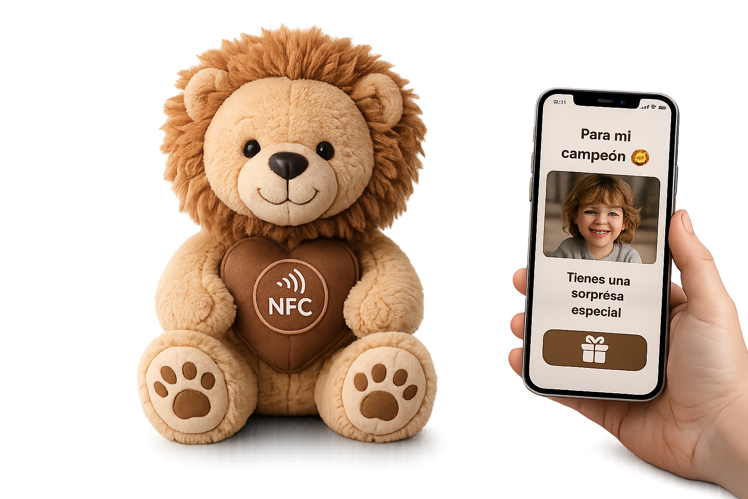 Peluche León de HugTap con chip NFC en el corazón